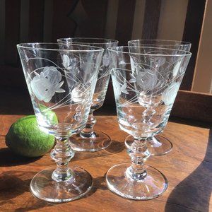 Vintage Set of Four Etched Rose Stemmed Cocktail Glasses